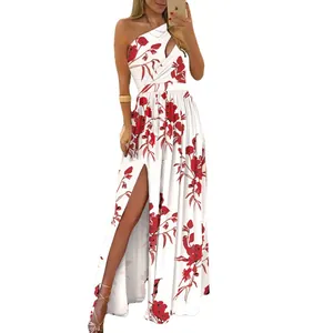 Elegant one-shoulder white floral maxi dress with high waist and high side slit for women