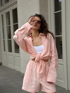Women's casual peach pink cotton long sleeve shirt and shorts set for summer style