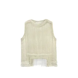 Elegant off-white sleeveless vest with faux pearl trim and fringe tassel hem detail