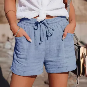 Women's summer high-waisted drawstring cotton shorts in light blue wide-leg style