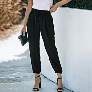 Women High Waist Drawstring Jogger Pants Casual Solid Color Tapered Trousers With Pockets Temperament Commute Long Pants