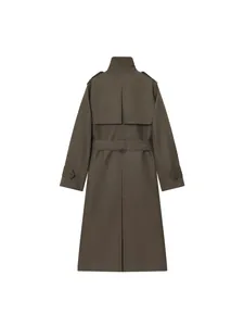 Trench-coat long classique élégant vert olive imperméable pour femme avec ceinture vue de dos