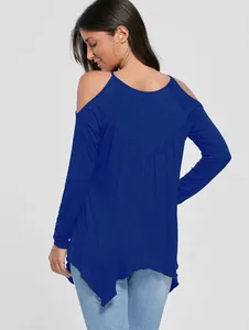 Detail view of blue cold shoulder long sleeve t-shirt showing back v-seam design.