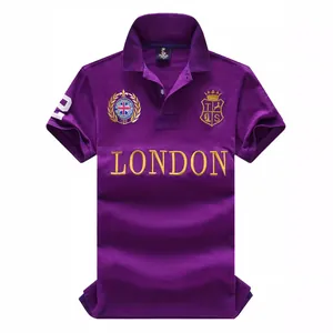 Men's purple cotton polo shirt with embroidered London crest and UK flag detail
