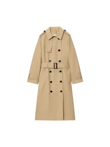 Trench-coat croisé classique kaki imperméable avec ceinture pour femme sur fond blanc