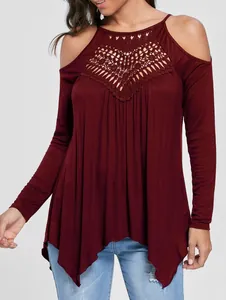 Detailed view of a burgundy long sleeve top featuring crochet lace and cold shoulders