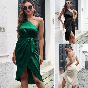 Elegant One Shoulder Satin Wrap Midi Dress For Women Solid Color Sleeveless High Waist Tie Belt Irregular Hem Party Dress