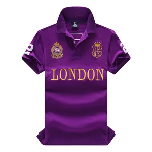 Casual purple short-sleeved cotton polo shirt with golden London embroidery for men