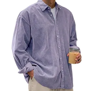 Chemise décontractée en velours côtelé lavande pour homme, coupe ample et manches longues