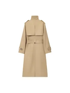 Trench-coat long classique pour femme beige avec ceinture et bavolet arrière