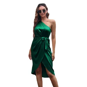 Elegant emerald green one shoulder satin wrap midi dress with waist tie for women