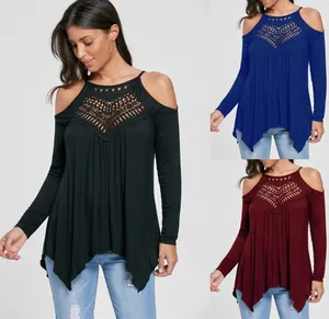 Women's Plus Size Cold Shoulder T-Shirt Cotton Lace Patchwork Long Sleeve Casual Top Irregular Hem Solid Color Fashion Tee
