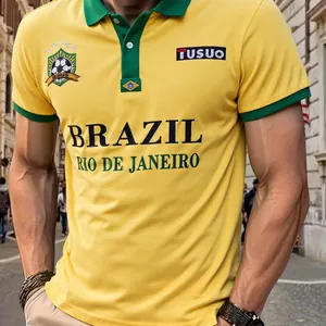 Polo de algodón amarillo para hombre con bordado de fútbol de Brasil y texto