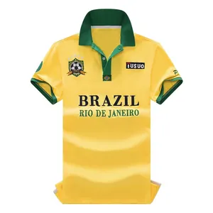 Polo de fútbol de Brasil para hombre amarillo con cuello verde y bordado de Río de Janeiro
