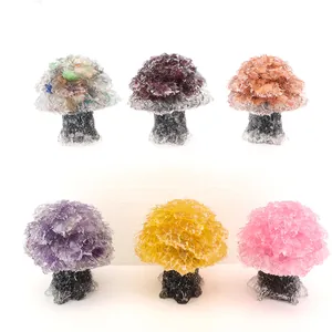 Detailed view of handcrafted natural crystal gravel resin trees in assorted vibrant colors