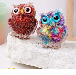 Handmade owl figurines made of resin and colorful crystal gravel for home decor