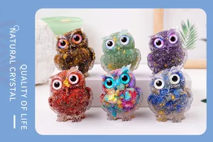 Six colorful handmade resin owl figurines crafted with natural crystal stones for home decor