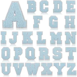 Complete A-Z set of light blue chenille embroidery letter patches with white border