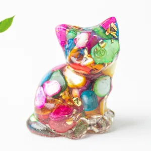 Statuina di gatto in resina e cristallo fatta a mano con foglia d'oro per decoro