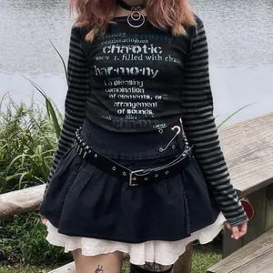 Detail of gothic long-sleeved T-shirt with chaotic harmony print and striped sleeves