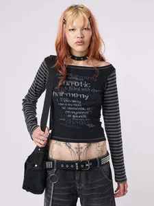 Close-up of a grunge-style black long-sleeve shirt with striped sleeves and English text print
