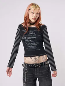 Detail shot of black off-the-shoulder long sleeve T-shirt with chaotic harmony print