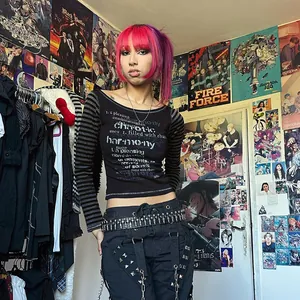 Goth-style long sleeve T-shirt with contrast stripes and graphic print
