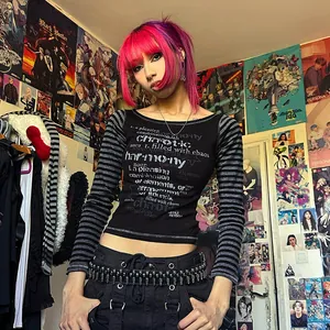 Women Y2K Grunge Contrast Stripe Long Sleeve T-Shirt Slim Fit Print Top Streetwear Aesthetic Gothic Tee For Women