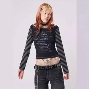 Punk style black contrast striped long sleeve T-shirt with chaos harmony graphic print