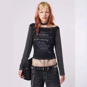 Slim fit grunge long sleeve T-shirt with contrast striped sleeves and graphic print