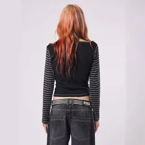 Slim fit black long sleeve T-shirt with grey striped sleeves shown from the back