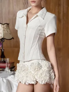 Elegant white slim-fit shirt and floral ruffle mini skirt two-piece set for women