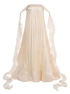 Elegant champagne pleated tube maxi dress with braided straps and long ruffle streamers