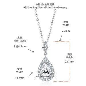 925 silver pear-shaped moissanite pendant necklace with detailed size specifications
