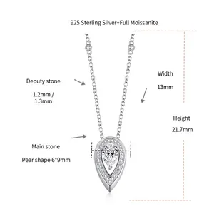 Detailed close-up showing dimensions of pear-shaped moissanite pendant in 925 silver
