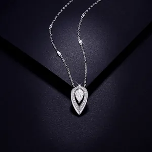 Close-up of pear-shaped 1.5ct moissanite pendant on elegant S925 silver chain.