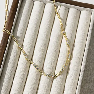 Detail of S925 silver 18k gold plated paperclip necklace with 3mm moissanite stones