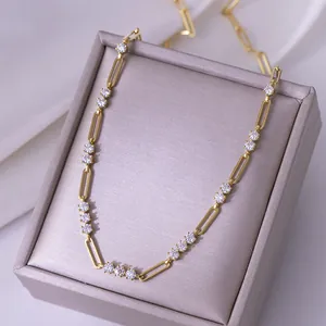 Elegant gold plated paperclip chain necklace featuring sparkling 3.0mm round moissanite stones