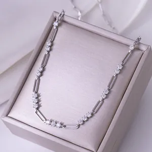 Detail of S925 silver moissanite necklace with stylish paperclip links in a gift box