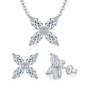 GRA Argent Sterling 925 Moissanite Trèfle à Quatre Feuilles Ensemble de Bijoux Pendentif Collier Taille Marquise Boucles d'Oreilles Clous pour Femme Bijoux