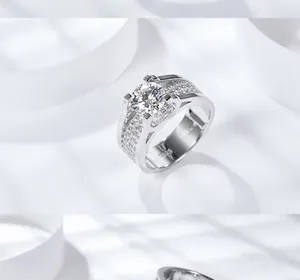 Close-up macro detail of men's 2ct moissanite wedding ring with luxury full diamond band