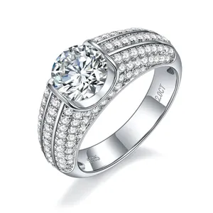 Luxury Men S925 Sterling Silver Moissanite Ring 2 Carat Round Cut GRA Pave Iced Out Gold Plated Band Ring For Wedding Party