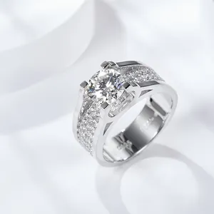 Luxury 2 carat moissanite ring for men with pave diamonds in 925 sterling silver band