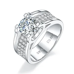 Luxury 2 carat moissanite men's ring in S925 silver with full diamond band design