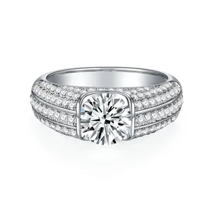 Elegant men's S925 silver ring featuring 2ct round Moissanite and pave diamond bands