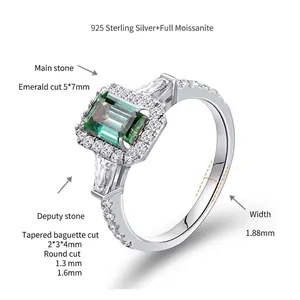 Detailed view of 5x7mm emerald cut green moissanite silver ring with dimensions