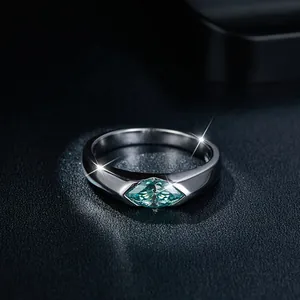 Close-up detail of marquise moissanite ring showing Eye of Horus setting and silver band