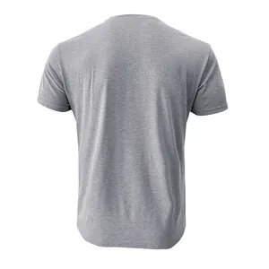 Macro view of the back of a grey men's short-sleeved t-shirt showing fabric texture.