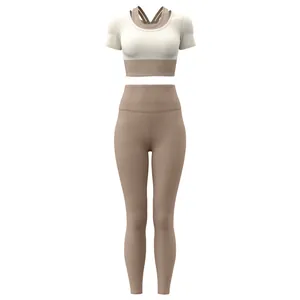 Tweeledige yoga-set in kleurblok-stijl met faux twee-in-één crop top en high-waist legging