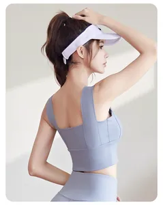 Vue de dos d'un soutien-gorge de sport bleu sans couture à larges bretelles